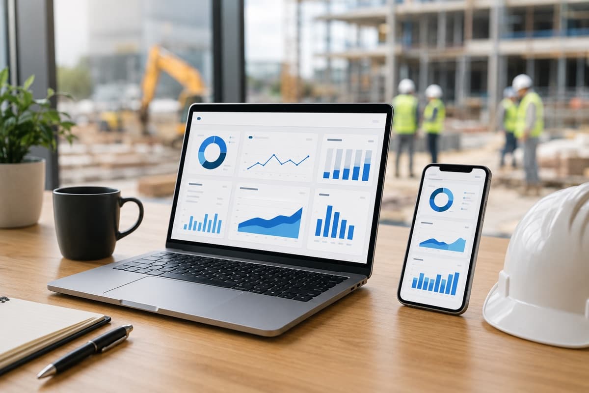 Dashboard di controllo di gestione per imprese edili su laptop e smartphone